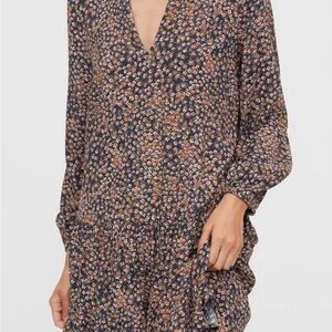GAP Black Floral V-Neck Long Sleeve Mini Dress